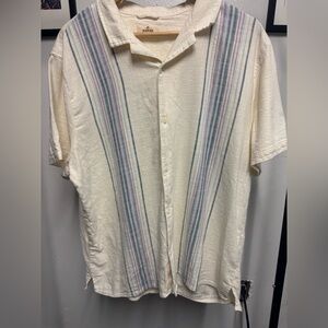 Marine Layer Cream Short-Sleeve Button-Down with Blue and Pink Stripes
